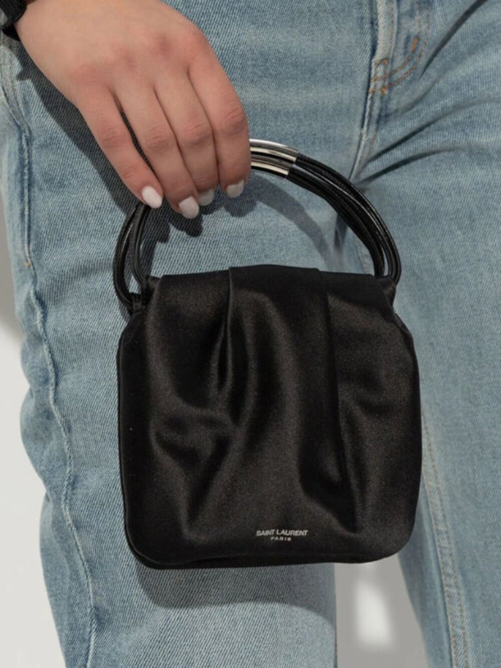 New Saint Laurent Black Satin Pochon Mini Top-Handle Bag in Satin Silk